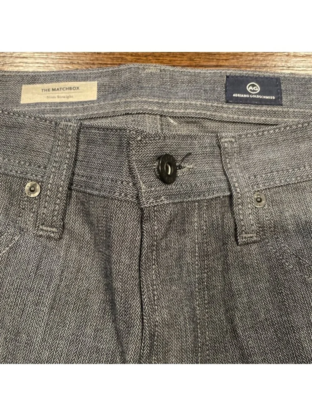 AG Matchbox Slim Straight Pant 32x34.5 Navy Gray Herringbone Office Work Stretch